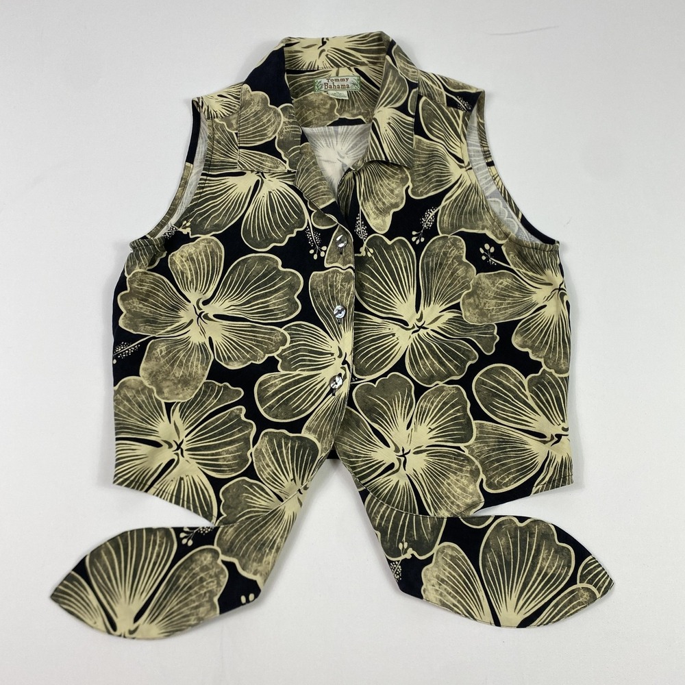 Tommy Bahama Vest Womens Medium Black Beige Silk Hawaiian Floral Tie Front